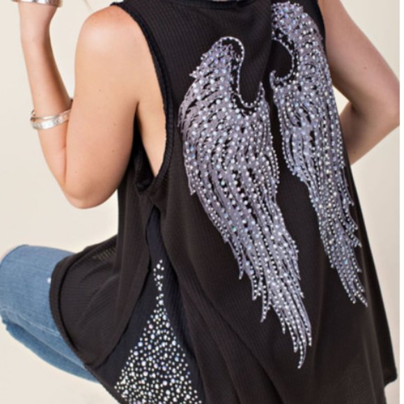 Sleeveless Top with Wing Print and Stones  #90-1 - Picture 1 of 9